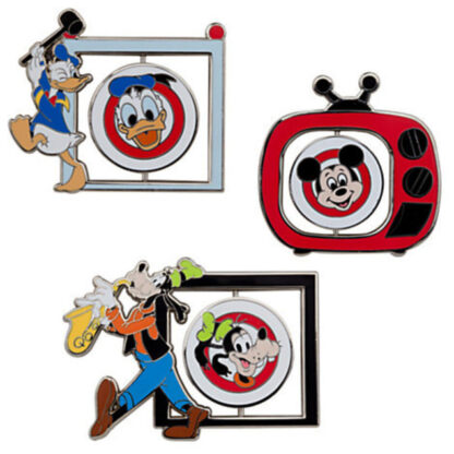 Disney Mickey Mouse Club Limited Edition 500 Pin Set Donald, Mickey and Goofy Out Of Box Character Sides Stock Photo