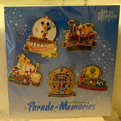Disney WDW Parade Of Memories 2015 Passholder Pin Set - 5-Pc New On Card Front