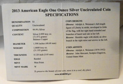 United States Mint American Eagle 2013 Silver Dollar Coin Unc Certificate Of Authenticity Inside.JPG