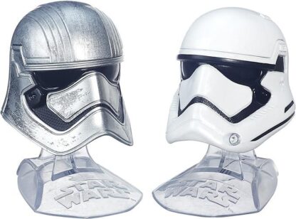 Captain Phasma & First Order Stormtrooper Helmets On Display Stands Stock Photo